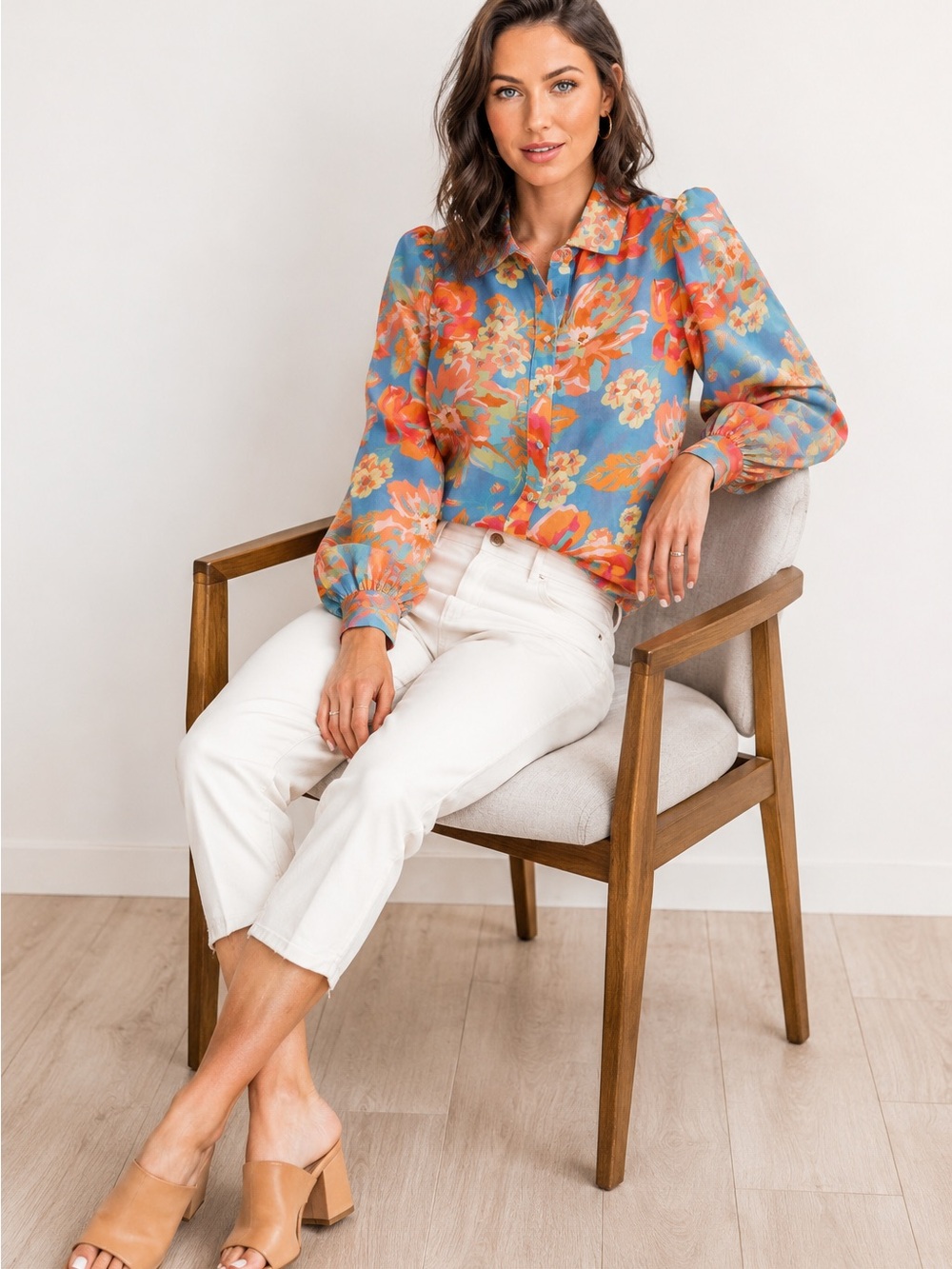 RNWY Floral Button-Up Blouse in Blue & Orange XS